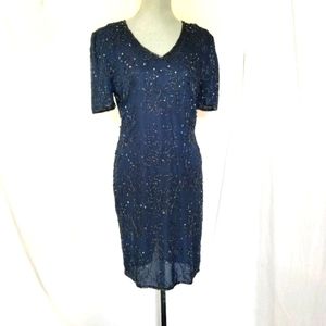 JMC  Womens Vintage Sequin Beaded Sheath Coctail Dress Midnight Blue M